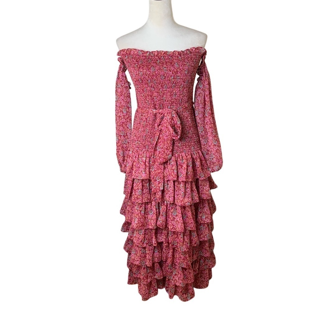 LIKELY Mitzie Pink Floral Ruffle Tiered Midi Dress 10 | Smocked Off Shoulder‎
